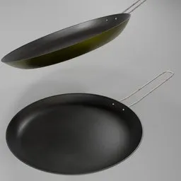 Detailed 3D model render of two frying pans, optimized for Blender, suitable for kitchen renderings.