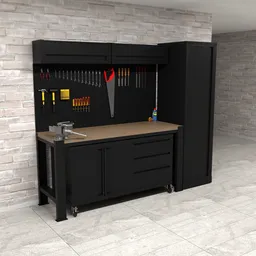 "Wooden workbench and tools in a maintenance area, 3D model for Blender 3D in agriculture category. Made in 2019 with high quality rendering."