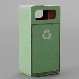 Detailed 3D model of a green urban trash can with recycling logo, compatible with Blender for exterior scene enhancement.