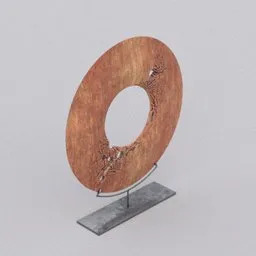 Detailed 3D model render of a textured copper ring sculpture with a modern design on a stone base, suitable for Blender 3D projects.
