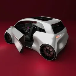 White compact 3D model of concept hatchback with detailed interior, ready for Blender animation.