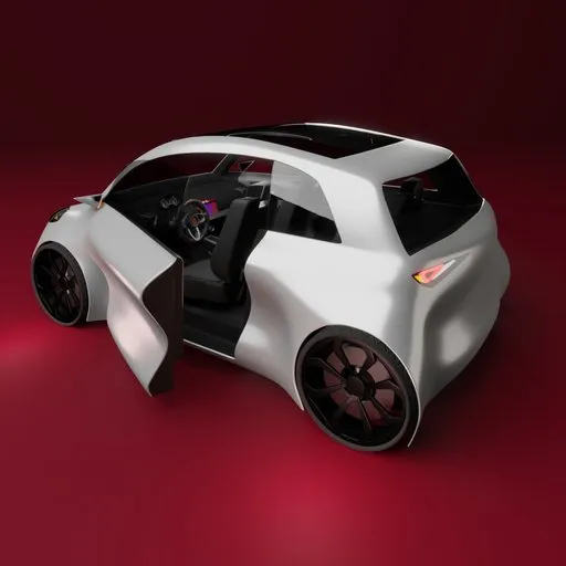 White compact 3D model of concept hatchback with detailed interior, ready for Blender animation.