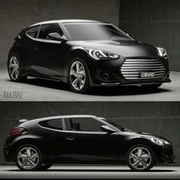 "Hyundai Veloster Sport Car - Detailed Exterior 3D Model for Blender 3D. Low Detail Interior. Perfect for Exterior Renders and Tuning. Black Car with Black Roof, Anvill, Dark Tint, and Muted Colors."