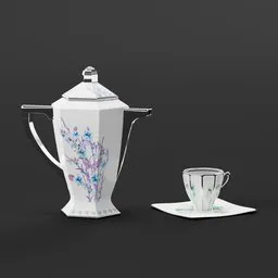 Detailed 3D model of a kettle with floral design, compatible with Blender for realistic tableware scenes.