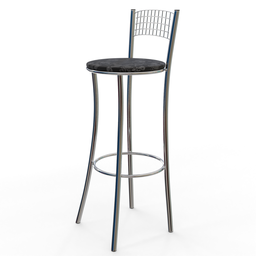 "Madrid bar stool, a 3D model for Blender 3D, featuring a tall and thin chrome frame with a black seat adorned with a flower pattern. The stool's 3/4 back view reveals its complex yet simplified design of vertical lines and dramatic standing. Perfect for modern bars or kitchens."