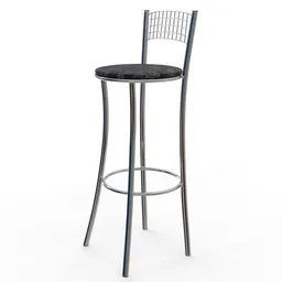 "Madrid bar stool, a 3D model for Blender 3D, featuring a tall and thin chrome frame with a black seat adorned with a flower pattern. The stool's 3/4 back view reveals its complex yet simplified design of vertical lines and dramatic standing. Perfect for modern bars or kitchens."