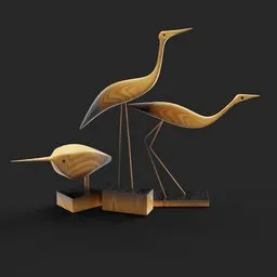 "Polished maple Tall Bird Figurine for Blender 3D modeling, inspired by Almada Negreiros and featuring detailed photorealism of two cranes perched on a wooden stand. Award-winning and created with path tracing technology, this art piece showcases intricate laser-made details. Perfect for art and animal enthusiasts alike."