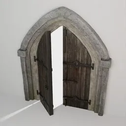 Low-poly 3D Blender model of open wooden medieval double door with stone arch and PBR textures, suitable for castles and churches.