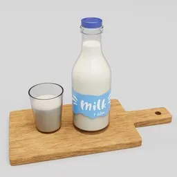 "Highly realistic 3D model of a 'Bottle of Milk' and a glass of milk on a meat cutting board. Created using Blender 3D software with procedural textures for enhanced visual quality. Perfect for all your Blender 3D projects, providing retail and supply chain design inspiration. (By Gwilym Prichard, c4d format with labels)"