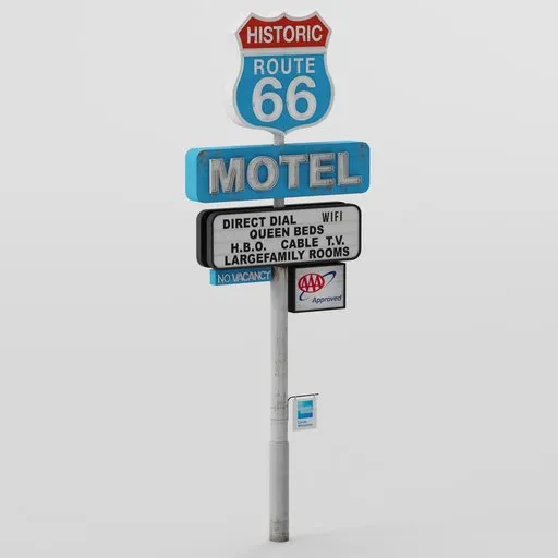 Detailed 3D rendering of a classic Route 66 Motel sign for Blender modeling and cityscape designs.