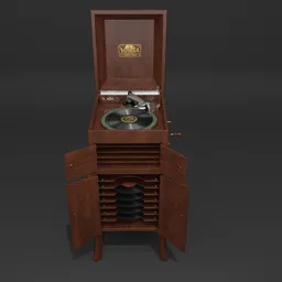Detailed 3D model of Victor Victrola VV120 phonograph with animated parts, designed for Blender rendering.