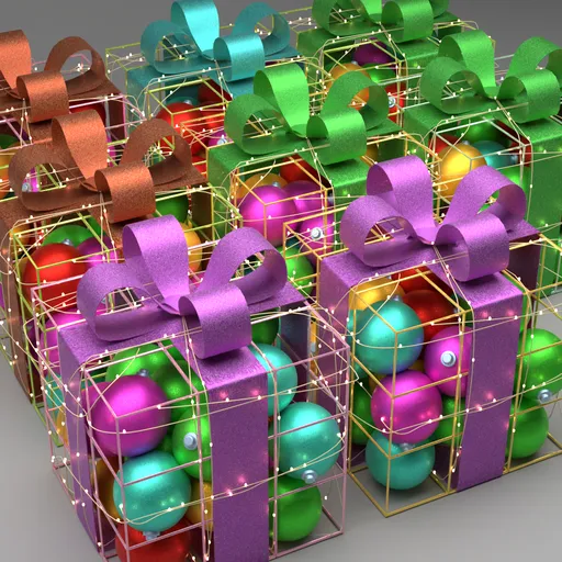 Detailed 3D-rendered gift boxes with LED lights and vibrant bows, ideal for Blender 3D projects.