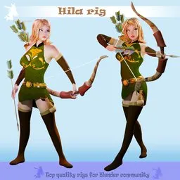 Detailed 3D model "Hila" with bow, optimized for animation and game engines, designed with low-poly efficiency in Blender.