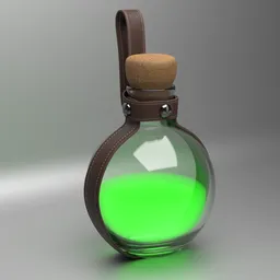 Detailed 3D model of a glowing green potion in a glass flask with leather strap, cork stopper, for fantasy RPG settings in Blender.