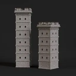 "Explore the historic world with a fully textured and unwrapped 3D model of Castle Towers for Blender 3D. Inspired by Xia Gui and featuring crenellated balconies and two tall towers with clocks, this game asset file is perfect for creating a medieval atmosphere. Available in 2 8 mm heroic scale, this lookout tower is an ideal addition to your project."