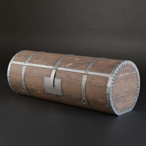 Detailed antique wooden chest 3D model with realistic metal straps, ready for gaming and animation.
