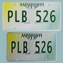 3D model of a generic Mississippi license plate for Blender vehicle renders, not suitable for high-resolution close-ups.