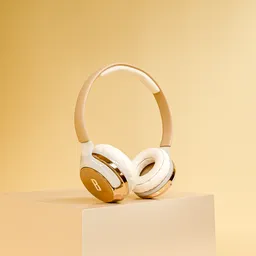 Elegant 3D-rendered wireless headphones with filmic color grading on a soft yellow backdrop.