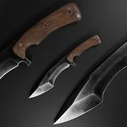 Detailed low poly 3D knife with wooden handle, old steel blade, 8K textures, crafted in Blender and Substance Painter.