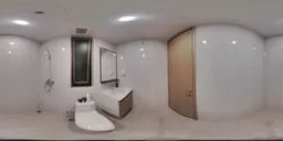 Modern bathroom HDR image showcasing lighting design with mirror, sink, and door for 3D scene rendering.