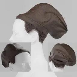 "Leather hat beanie with hairline (scalp) 3D model for Blender 3D. Features a brown hair ponytail, textured base, and black beret. This modular item, inspired by Maurycy Gottlieb, is perfect for renaissance-style renders."
