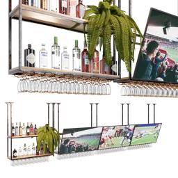 "Restaurant and bar 3D model of a stylish ceiling shelf with wine glasses and a plant, perfect for Blender 3D scenes. This high-quality model offers detailed renderings, providing a realistic and immersive experience. Created by Jacob Toorenvliet, this modular item is a great addition to any bar or lounge setting."