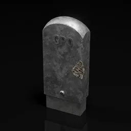 "Cityspace concept art 3D model of a GPO cable marker made in Blender 3D. This small metal tombstone features a butterfly, age marks, and prop rocks, adding realism to your cityscape scene."
