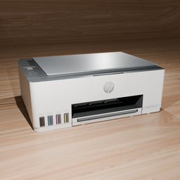 Highly detailed HP printer 3D model on a wooden surface, ideal for Blender 3D rendering projects, showcasing ink levels.