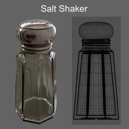 Realistic 3D model render of a glass salt shaker with wireframe overlay, designed in Blender.