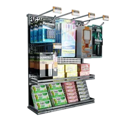 "Get a Compact Shop Shelf 3D model for your retail scene in Blender 3D. Featuring Maybelline products and a sleek grid layout, this shelf includes transparent faces and orange, grey, and white color accents. Perfect for showcasing a variety of items with stacking supermarket shelves and clear makeup sections."