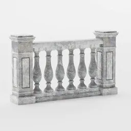 "3D model of a Roman/Greek style stone balustrade/balcony piece, made for Blender 3D. Featuring a decorative white marble railing, Roman columns, and detailed scenery. Perfect for street scenes and architectural visualizations."