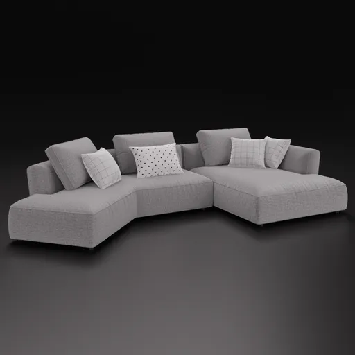 Highly detailed 3D fabric sectional sofa with chaise modeled for Blender with pillows and textures included.