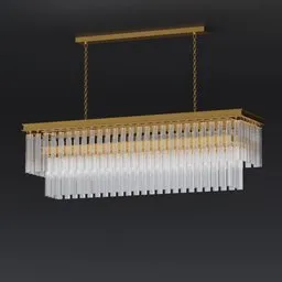 "1920s Odeon Rectangular Chandelier - 40 inch ceiling light model for Blender 3D. Features a long rectangular glass fixture, rendered in clear color and designed with a contemporary touch by Vaughan Bass. Fits perfectly in a crystalline room with a golden key accent."
