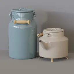 High-quality 3D-rendered kitchen containers compatible with Blender, showcasing a detailed milk jug and bucket design.