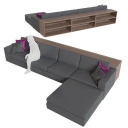 "3D model of luxury bespoke sofa with person sitting on it, featuring pinned joints and panoramic view, in black, blue and purple scheme. Ideal for Blender 3D scenes."