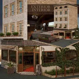 Detailed 3D model of a multi-use building with a restaurant and customizable hotel rooms, designed in Blender.