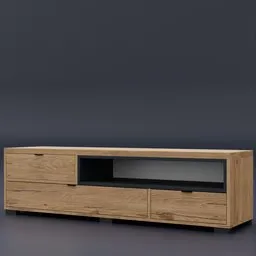 Modern wooden Blender 3D model of a tv-cabinet with open shelf and low profile legs.