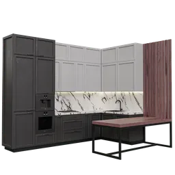 Detailed 3D rendering of a neoclassical kitchen set with marble accents created in Blender 3.6, showcasing modern appliances.