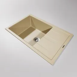 Detailed 3D model of a beige rectangular kitchen sink with a single basin for Blender rendering.
