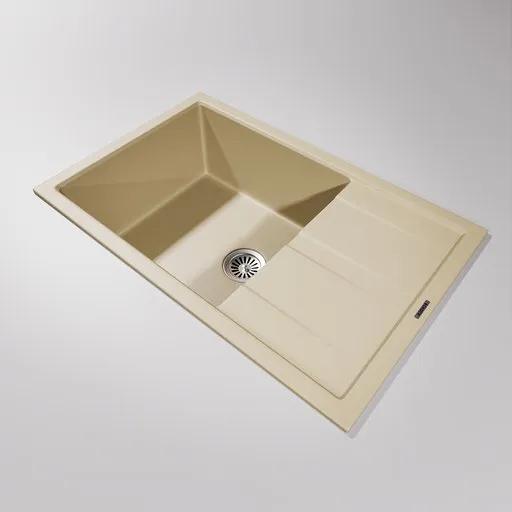 Detailed 3D model of a beige rectangular kitchen sink with a single basin for Blender rendering.