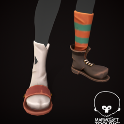 "Stylized boot 3D model for Blender 3D optimized for gaming and rendering. Featuring a Halloween-inspired design with white and orange print, inspired by Maki Haku and Vanellope Von Schweetz. Perfect for creating unique footwear in your digital projects."