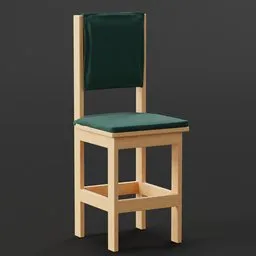 "Bar chair 3D model in Blender 3D. This elegantly designed wooden chair features subtle lines and a green seat and back. With minor modifications, it can be transformed into an electric chair. Perfect for use in home interiors or commercial settings."