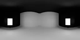 360-degree HDR panoramic view of a clean, minimalist photo studio with white walls, gray floor, and contrasting black ceiling.