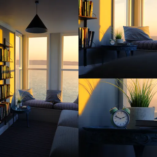 Serene 3D-rendered reading nook with sunset light, ocean view, cushions, vintage clock, for interior design visualizations.