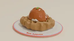 Realistic Blender 3D model of a croffle topped with melting ice cream and caramel sauce.