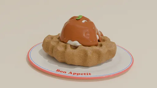 Realistic Blender 3D model of a croffle topped with melting ice cream and caramel sauce.