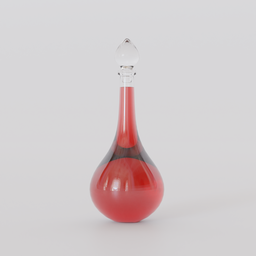 "Red glass drop-shaped bottle with clear stopper and liquid inside. Inspired by Johann Liss and Gottfried Steffan, this 1998 rendered Blender 3D model features a magnifying effect and potions, including vodka. Winner in a Reddit contest with an 8K resolution."