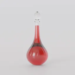 "Red glass drop-shaped bottle with clear stopper and liquid inside. Inspired by Johann Liss and Gottfried Steffan, this 1998 rendered Blender 3D model features a magnifying effect and potions, including vodka. Winner in a Reddit contest with an 8K resolution."