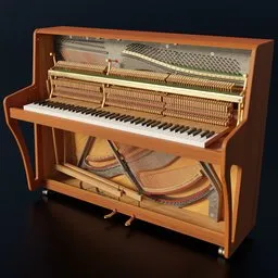 Detailed 3D model of an upright piano showing internal mechanics, suitable for Blender rendering.