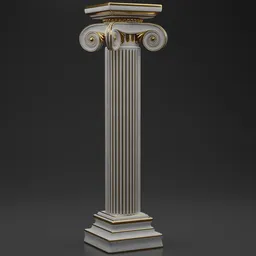 "A 5m tall luxury column with intricate detailing in classical Greek style, featuring a clock on top and a torch. This Blender 3D model includes fallen columns, detailed objects and an asset sheet, with a white and gold color scheme. Perfect for street scenes or winning award pieces."